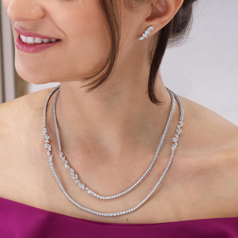 18ct white gold marquise and round brilliant cut diamond tennis necklace on the neck