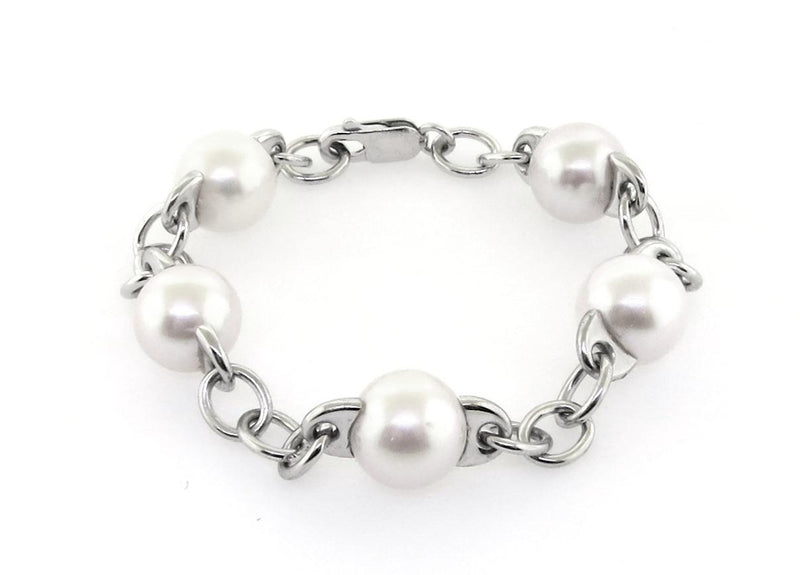 18ct white gold 5=10-10.5mm fresh water pearls 17.5cm chain bracelet.