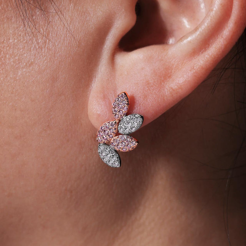 18ct rose and white gold argyle pink diamond pave stud earrings on the ear