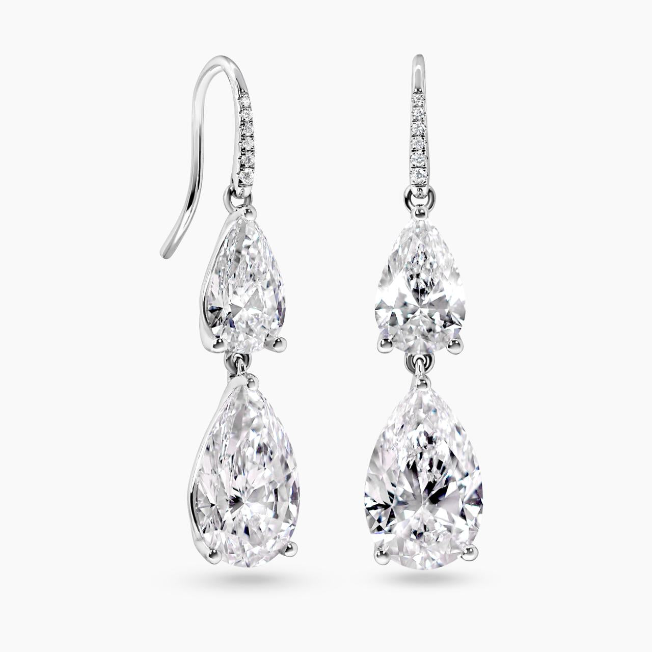 18ct white gold 4=8.65ct D VVS2 pear shape and12=0.05ct EF VS round brilliant cut lab grown diamond shepherds hook drop earrings