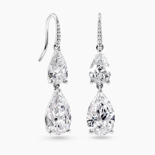 18ct white gold 4=8.65ct D VVS2 pear shape and12=0.05ct EF VS round brilliant cut lab grown diamond shepherds hook drop earrings