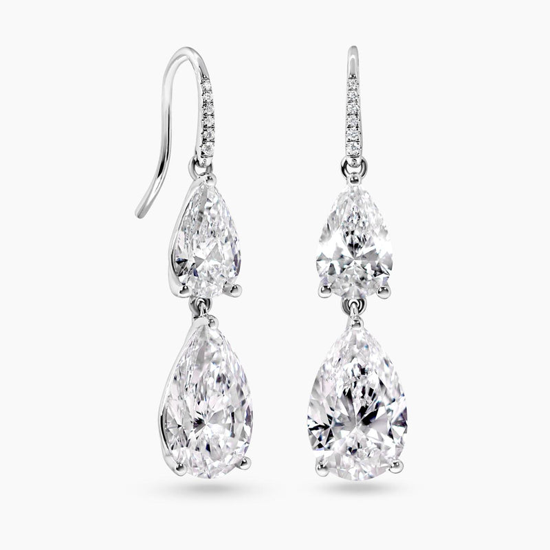 18ct white gold 4=8.65ct D VVS2 pear shape and12=0.05ct EF VS round brilliant cut lab grown diamond shepherds hook drop earrings