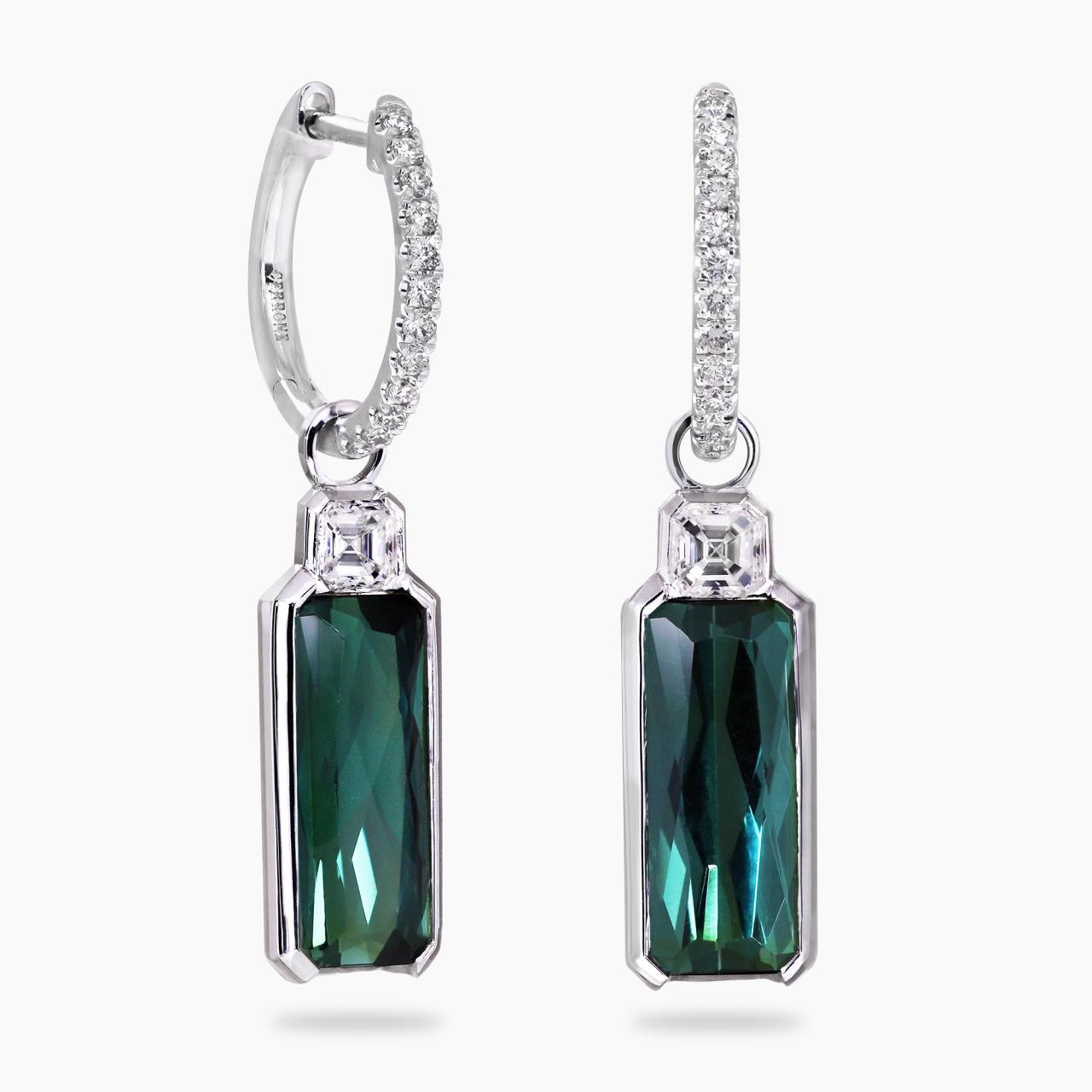 18ct white gold Brazilian green tourmaline baguettes and diamond drop earrings
