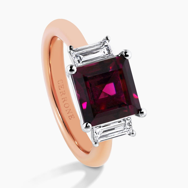 18ct white and rose gold carre cut rhodolite garnet and baguette diamond ring side view