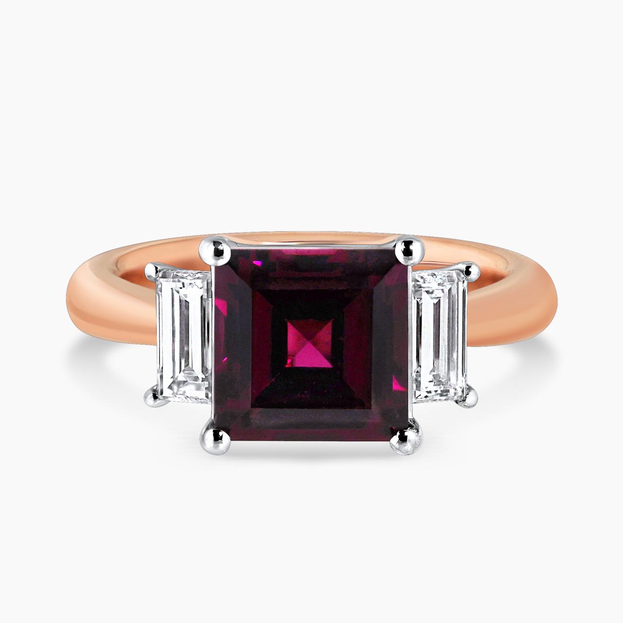 18ct white and rose gold 3.47ct carre cut rhodolite garnet and baguette diamond ring