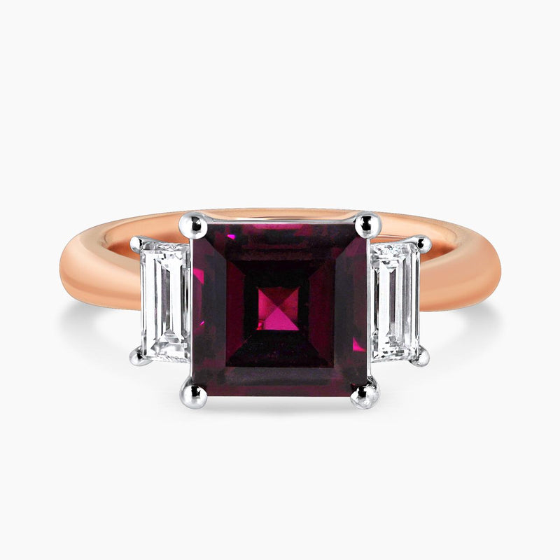 18ct white and rose gold carre cut rhodolite garnet and baguette diamond ring