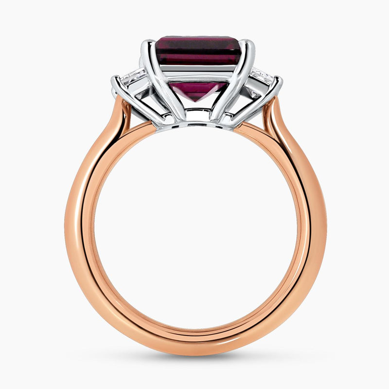 18ct white and rose gold carre cut rhodolite garnet and baguette diamond ring side profile