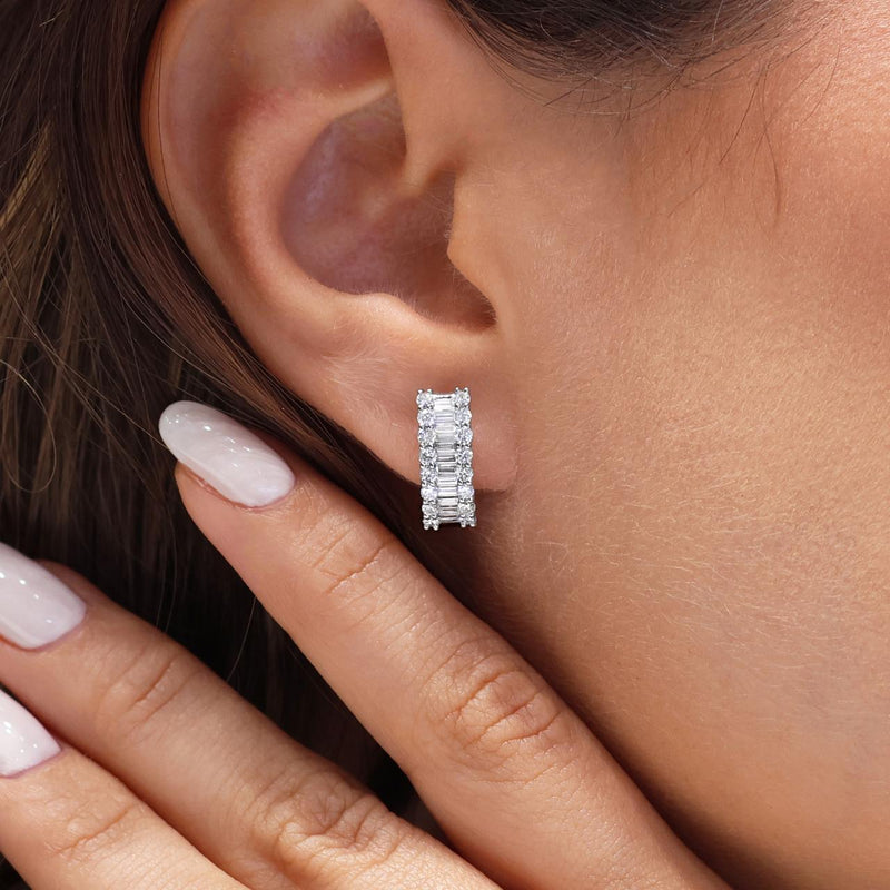 18ct white gold channel set baguettes & claw set round diamonds hoop earrings on the ear