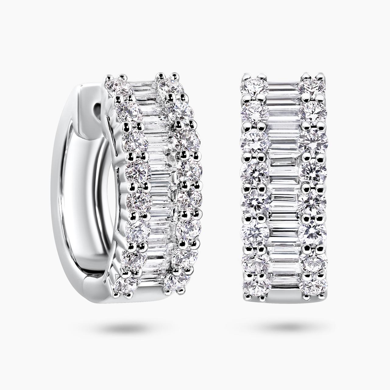 18ct white gold channel set baguettes & claw set round diamonds hoop earrings