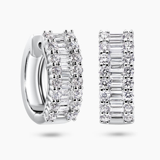 18ct white gold channel set baguettes & claw set round diamonds hoop earrings