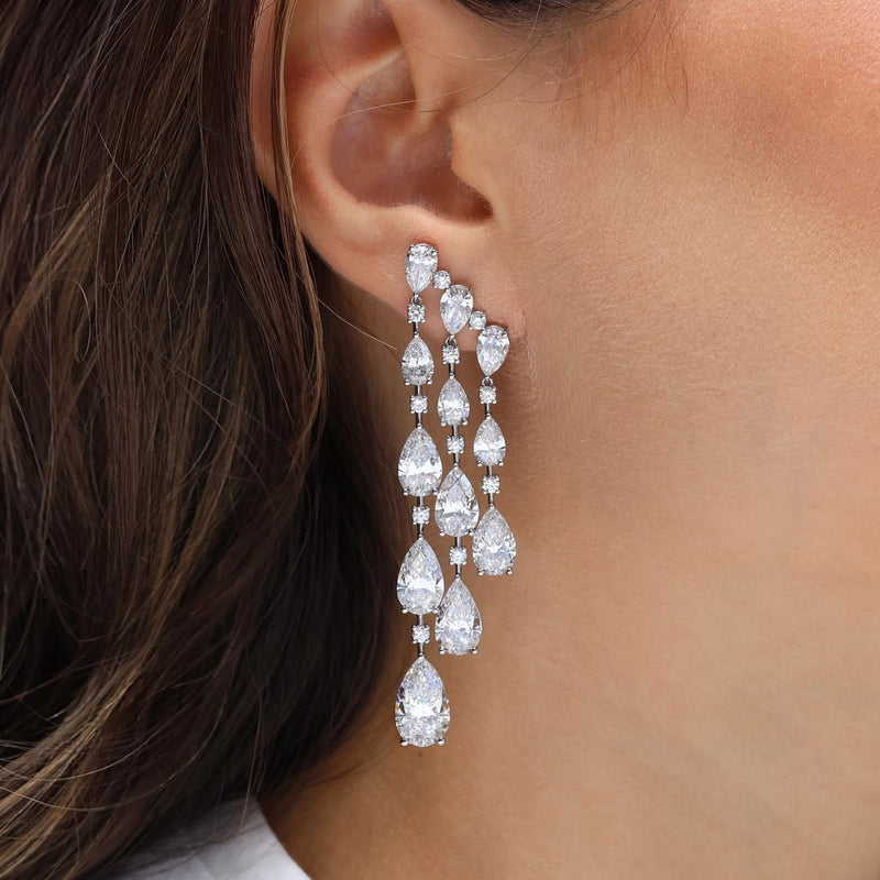 18ct white gold pear and round LAB Grown diamond drop earrings on the ear
