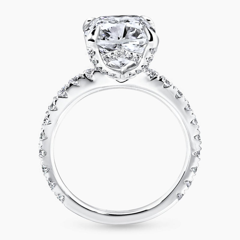 18ct white gold 4.01ct cushion cut diamond ring in a four claw setting side profile
