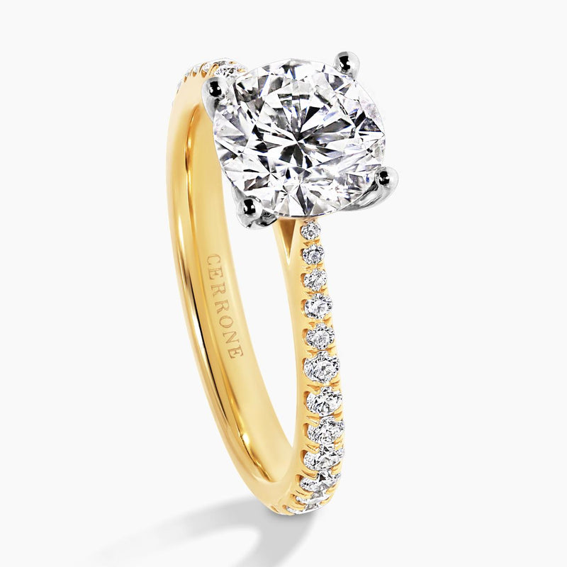 18ct yellow and white gold round brilliant cut diamond ring with diamonds on the band side profile