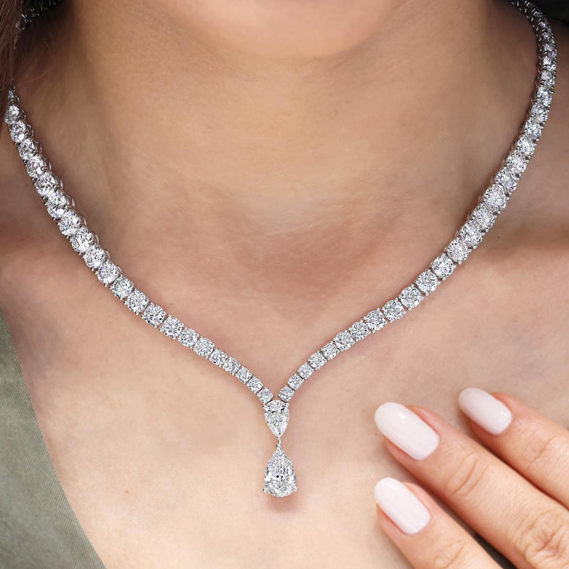18ct white gold pear and round brilliant cut LAB Grown Diamond tennis necklace on the neck