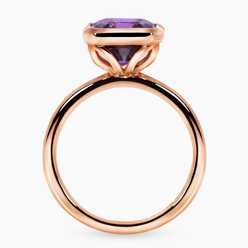 18ct rose gold emerald cut purple amethyst bezel set ring side profile