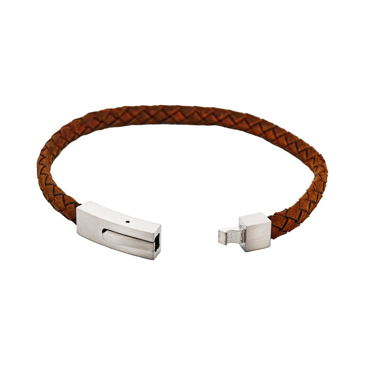 Braided Suede & Steel Calabria Bracelet Umber Tan