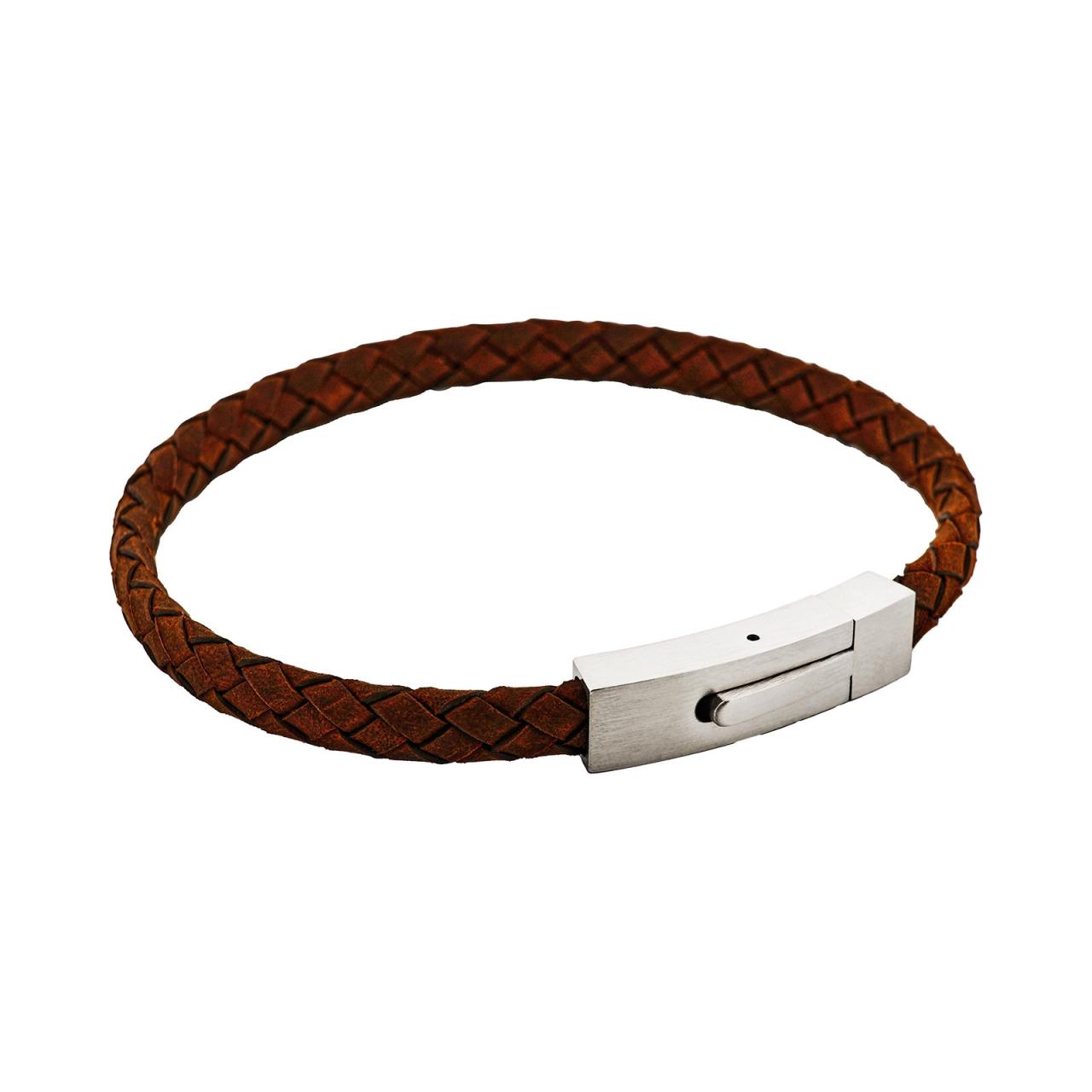 Braided Suede & Steel Calabria Bracelet Umber Tan