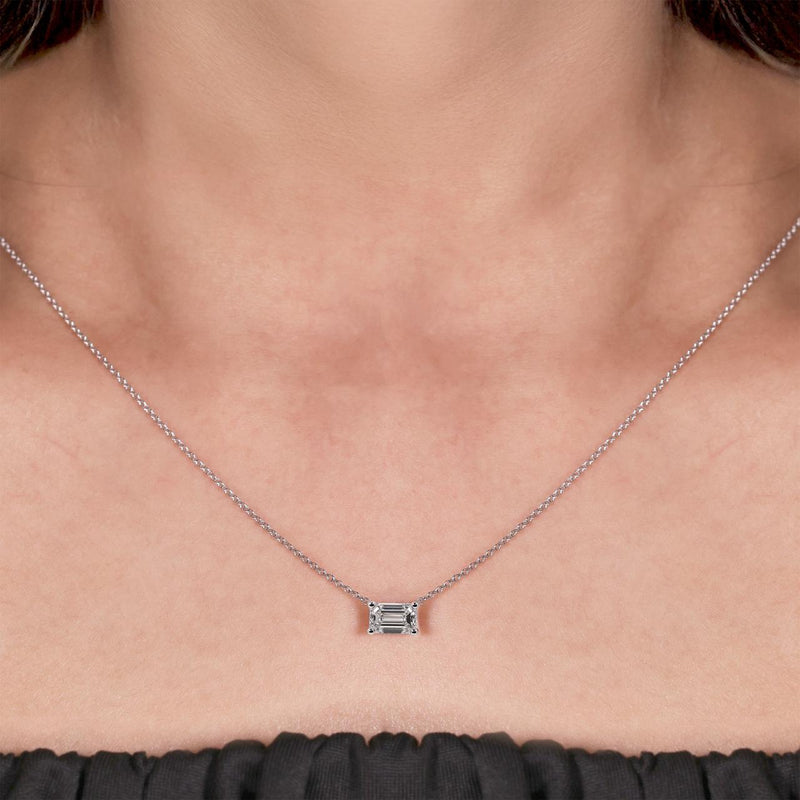 18ct white gold emerald cut LAB Grown Diamond necklace on the neck