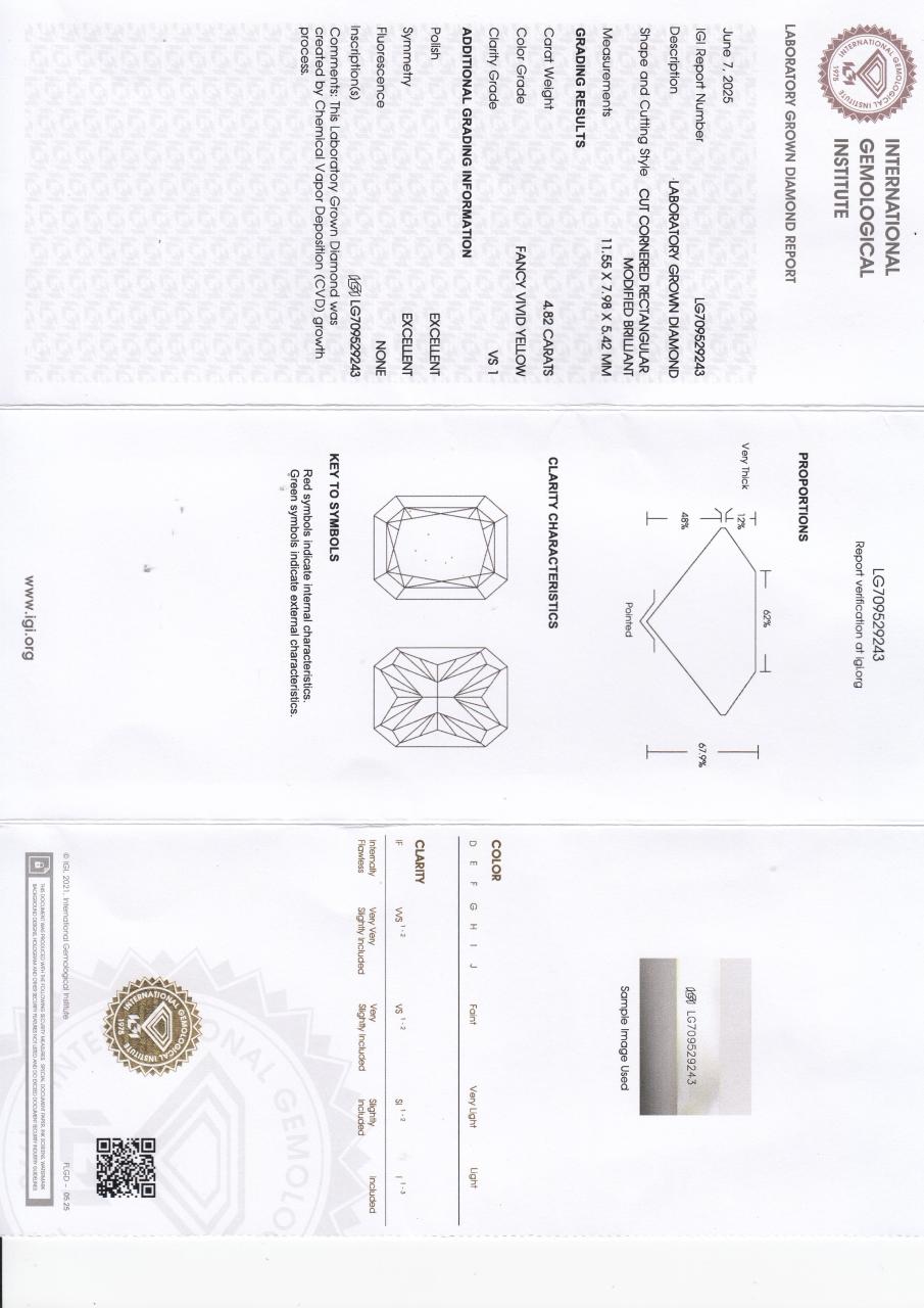 18ct yellow gold 4.82ct fancy vivid yellow radiant cut lab grown diamond 8=0.91ct pear and round brilliant cut diamond ring