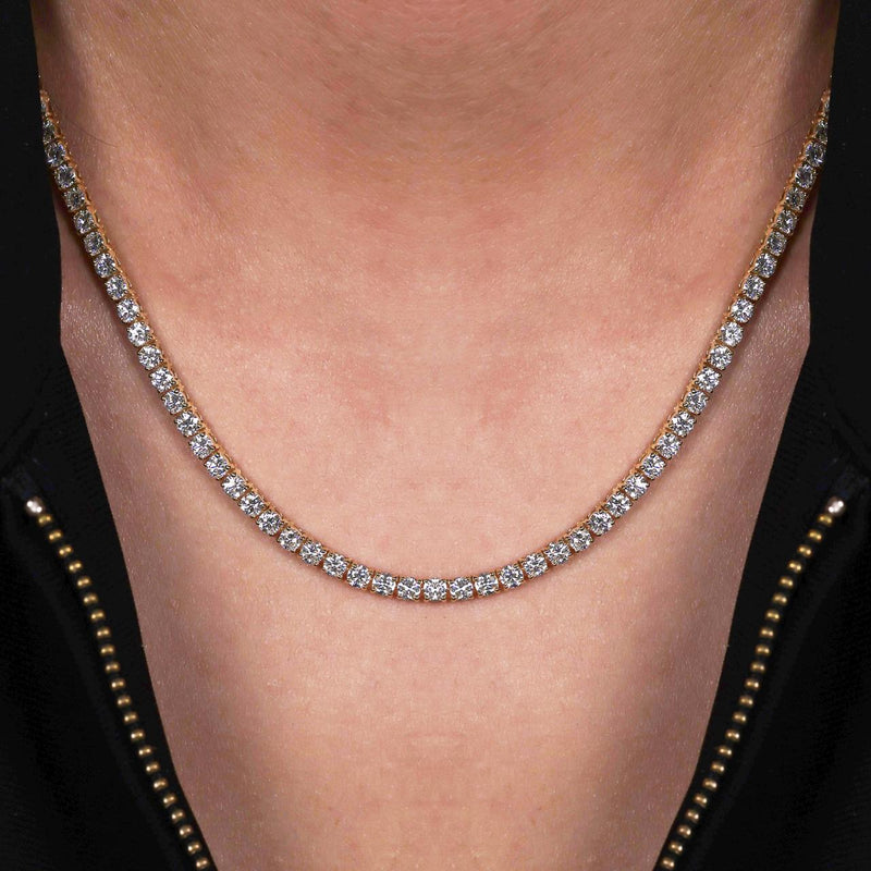 18ct yellow gold round brilliant cut diamond tennis necklace on the neck