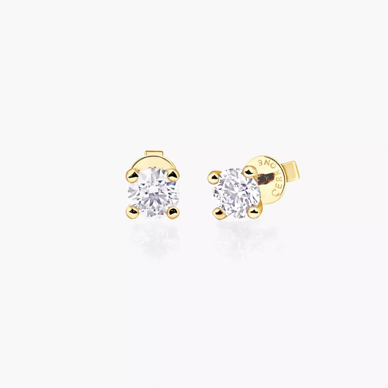 18ct yellow gold round brilliant cut diamond solitaire stud earrings in a four claw setting