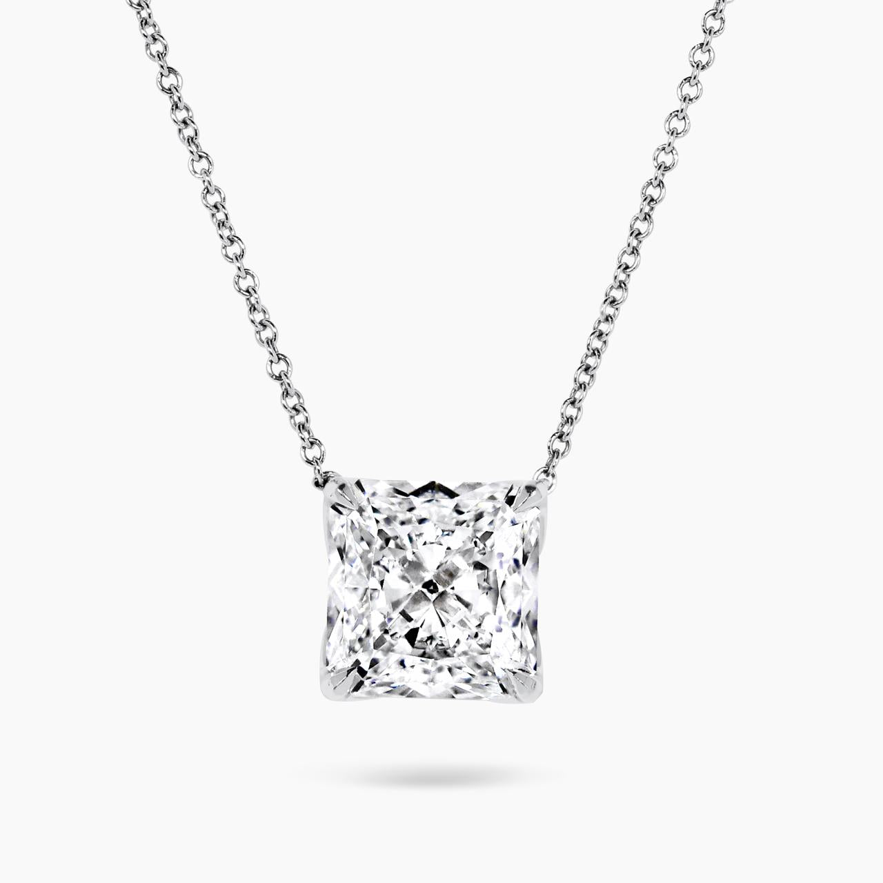 18ct white gold 5.57ct F VVS2 square radiant lab grown diamond necklace in a four claw setting