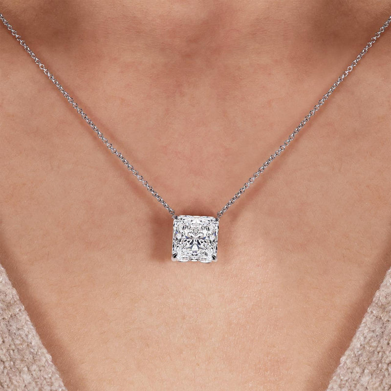 18ct white gold square radiant lab grown diamond necklace in a four claw setting on the neck