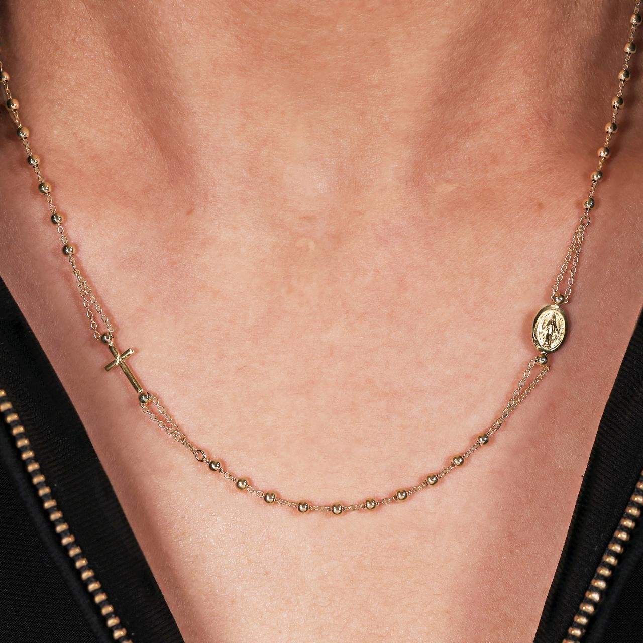 18ct yellow gold 45cm rosary necklace on the neck