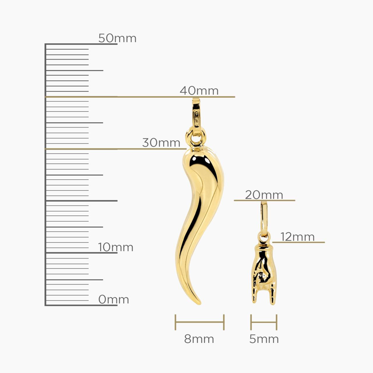 18ct yellow gold Italian horn (corno) charm 40mm