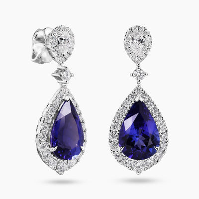 18ct white gold pear shape tanzanite and diamond drop earrings