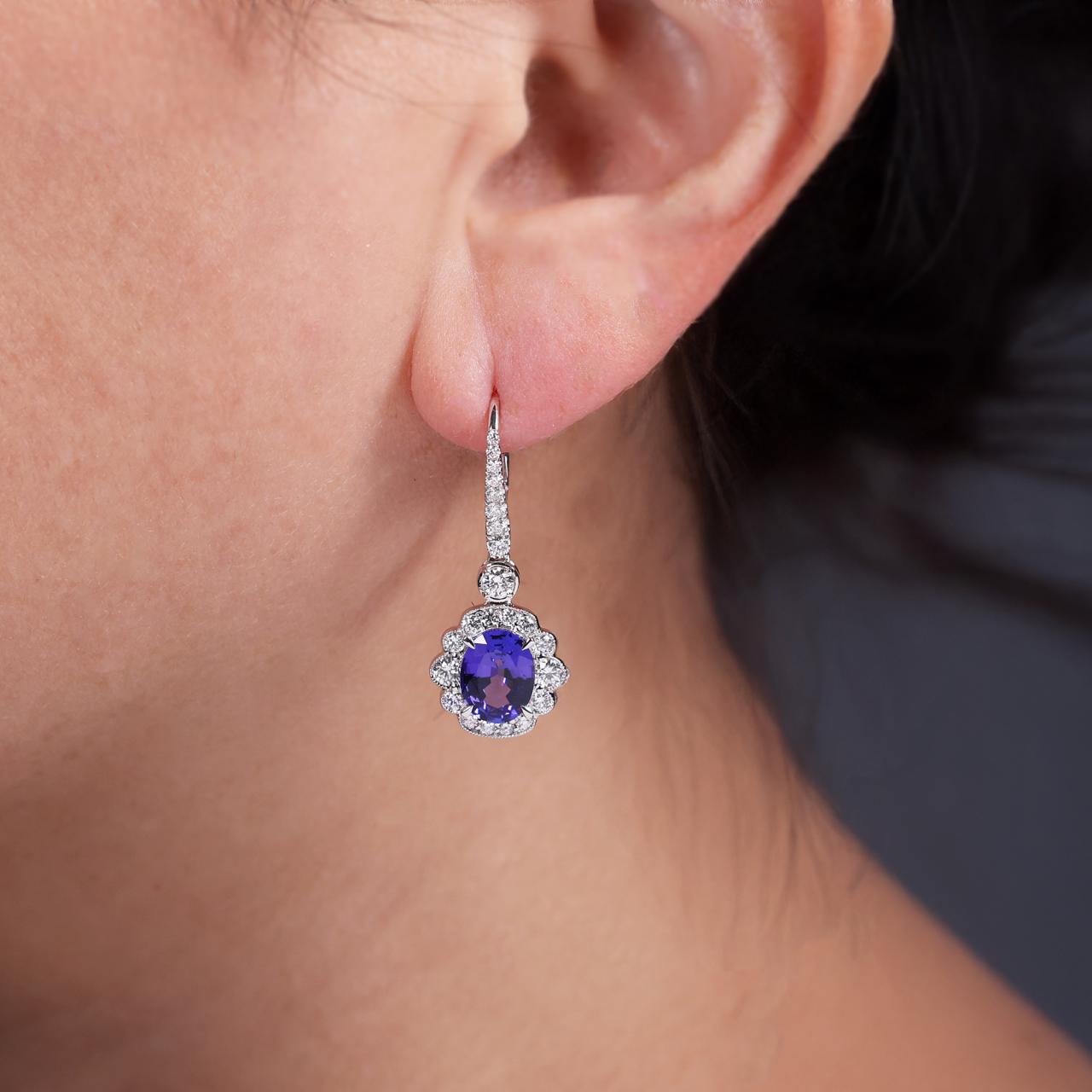 18ct white gold 2=3.76ct oval shape tanzanite and diamond drop earrings