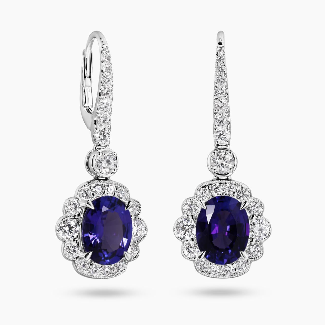 18ct white gold 2=3.76ct oval shape tanzanite and diamond drop earrings