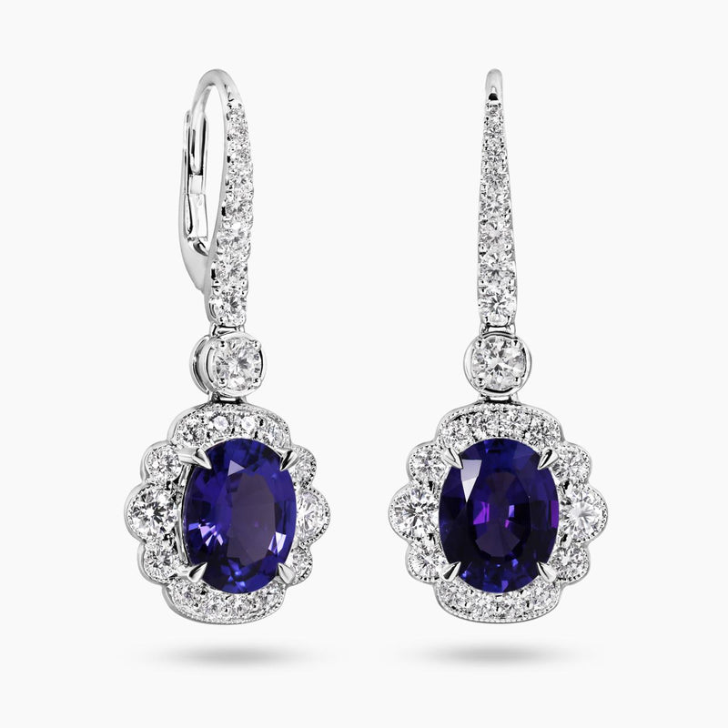 18ct white gold oval shape tanzanite and diamond drop earrings