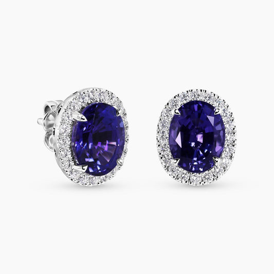 18ct white gold 2=4.94ct oval shape tanzanite and diamond stud earrings