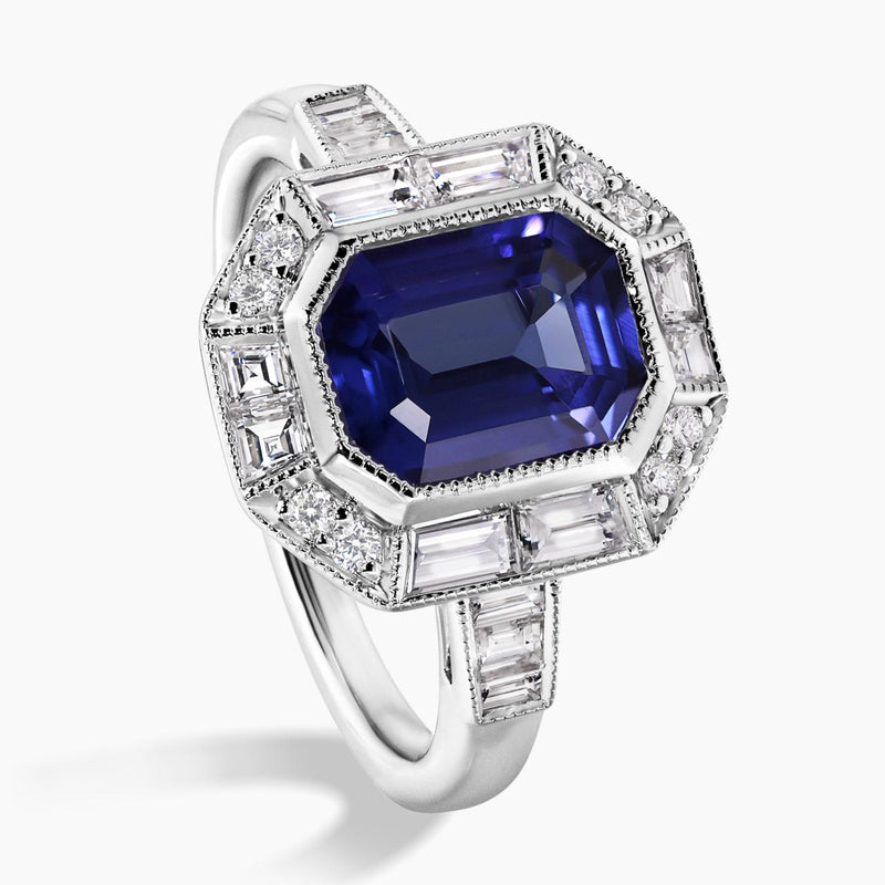 18ct white gold emerald cut tanzanite and diamond ring side angle
