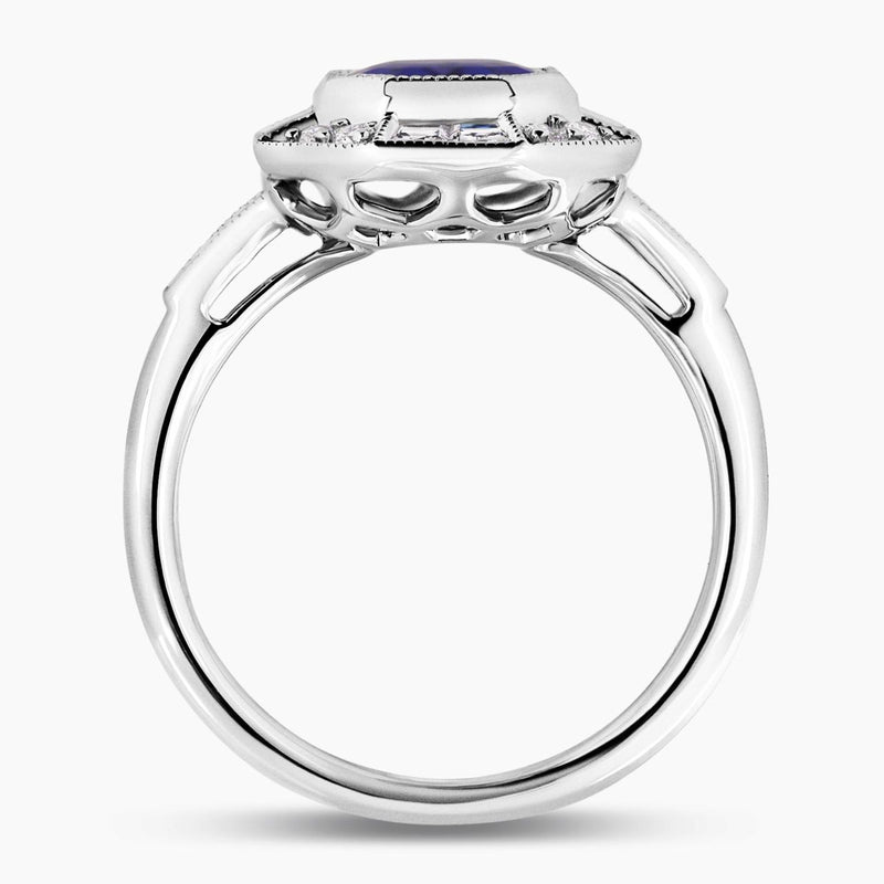 18ct white gold emerald cut tanzanite and diamond ring side profile