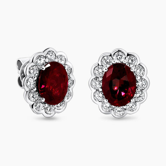 18ct white gold oval garnet and diamond halo earrings