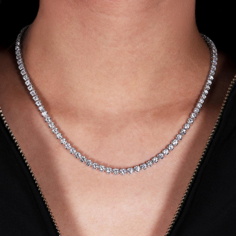 18ct white gold crown set round brilliant cut diamond tennis necklace on the neck