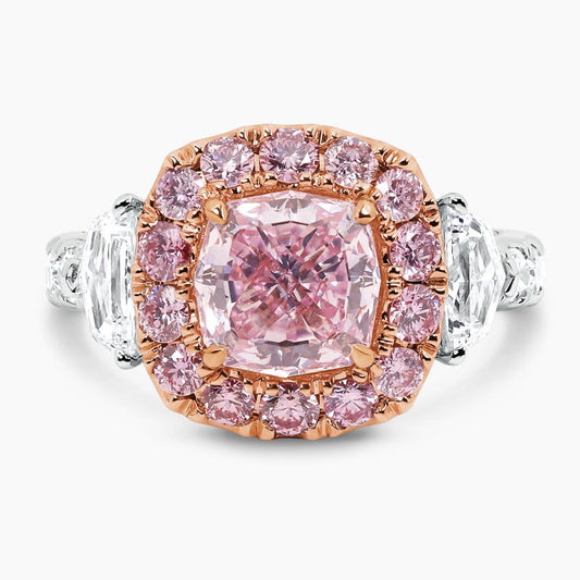 Platinum and 18ct rose gold 2.02ct cushion cut diamond ring with shield, oval and round diamonds