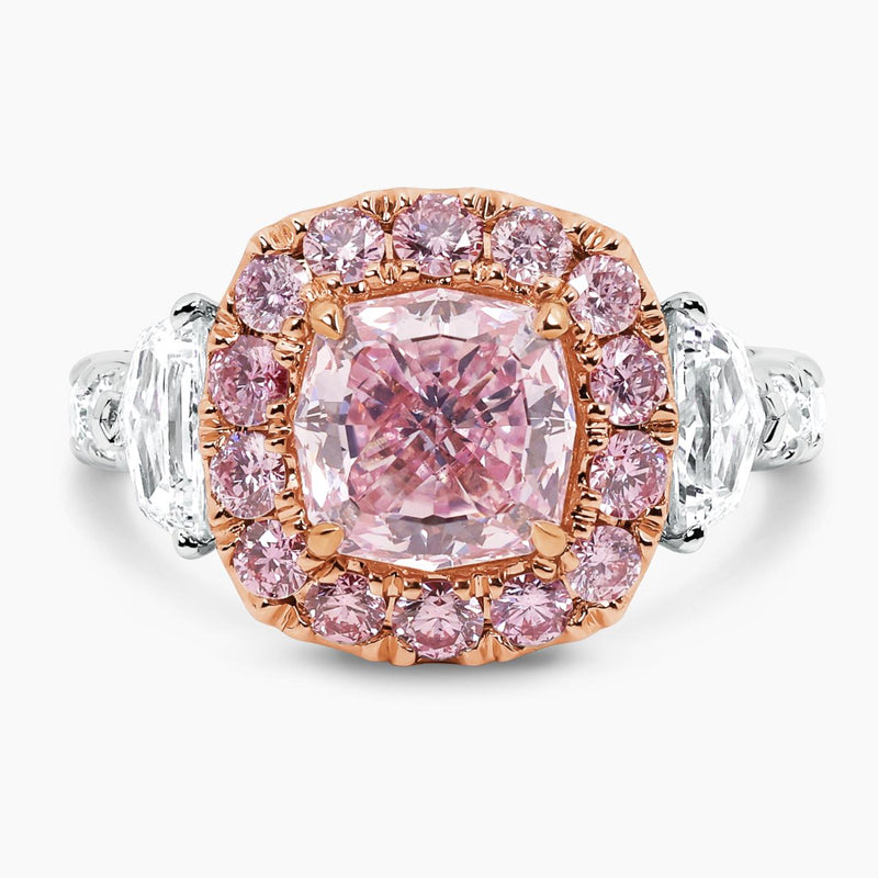 Platinum and 18ct rose gold 2.02ct cushion cut diamond ring with shield, oval and round diamonds