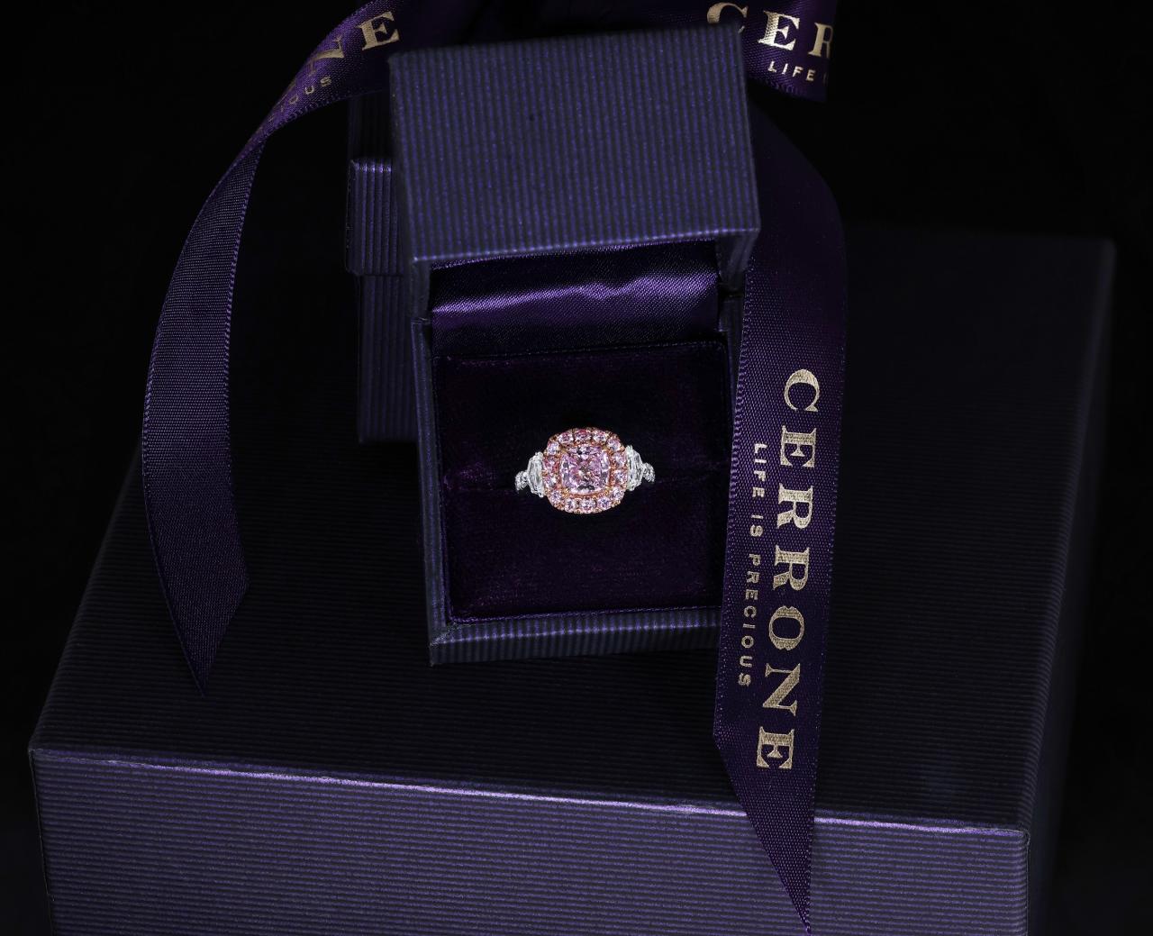 Platinum and 18ct rose gold 2.02ct cushion cut diamond ring with shield, oval and round diamonds