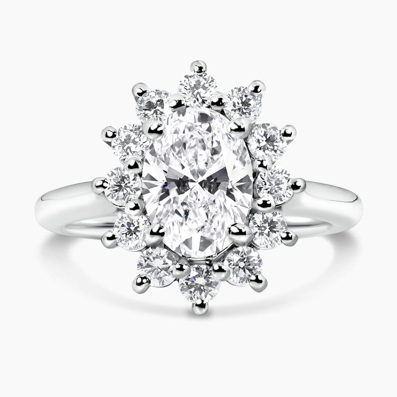 18ct white gold oval and round brilliant cut diamond halo ring