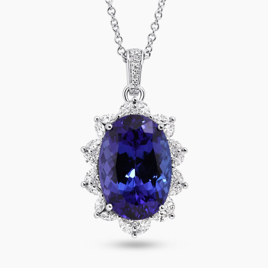18ct white gold 8.14ct oval cut Tanzanite and 0.58ct round brilliant cut diamond claw set pendant on 18ct white gold trace chain