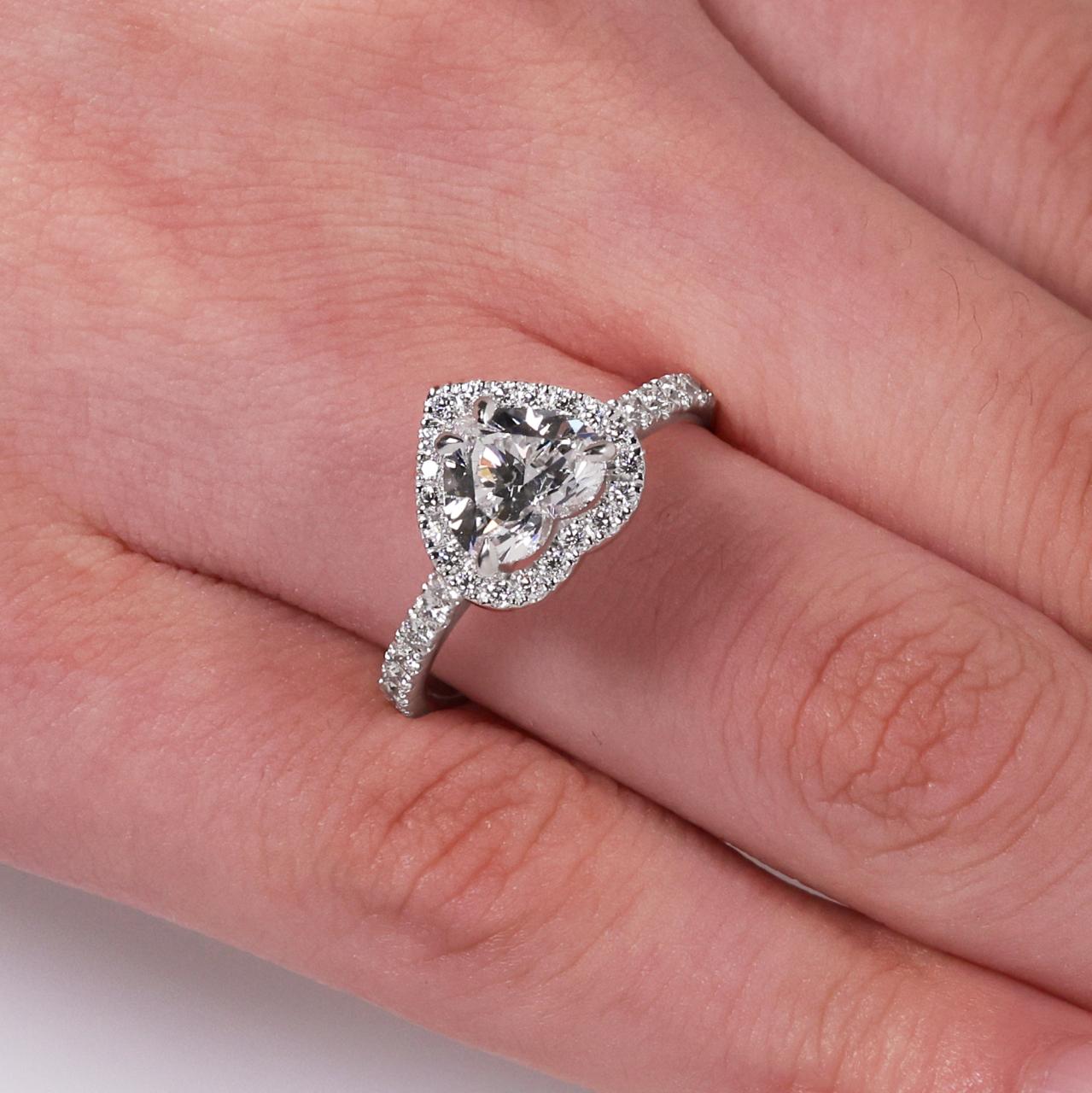 18ct white gold 1.51ct heart and round brilliant cut diamond halo ring