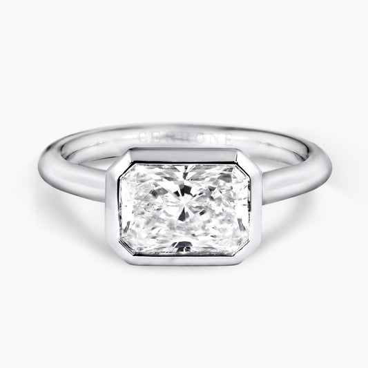 18ct white gold 1.94ct elongated radiant cut lab grown diamond bezel set solitaire ring