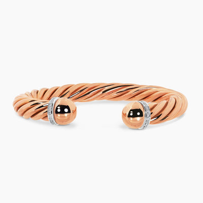 18ct rose and white gold round brilliant cut diamond twist cuff bangle.