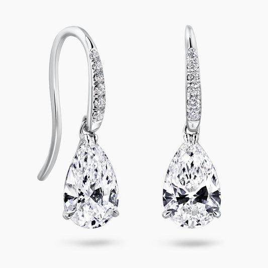 18ct white gold 14=2.30ct pear and round brilliant cut lab grown diamond shepherds hook drop earrings