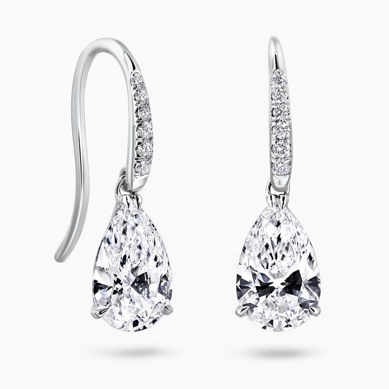 18ct white gold pear and round brilliant cut lab grown diamond shepherds hook drop earrings
