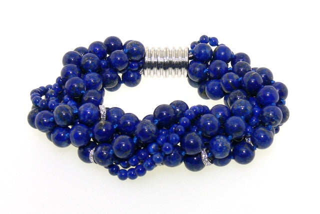 Blue lapis beads and silver cubic zirconia rondels bracelet ended with a silver ribbed magnetic clasp from the Carmela Cerrone Collection