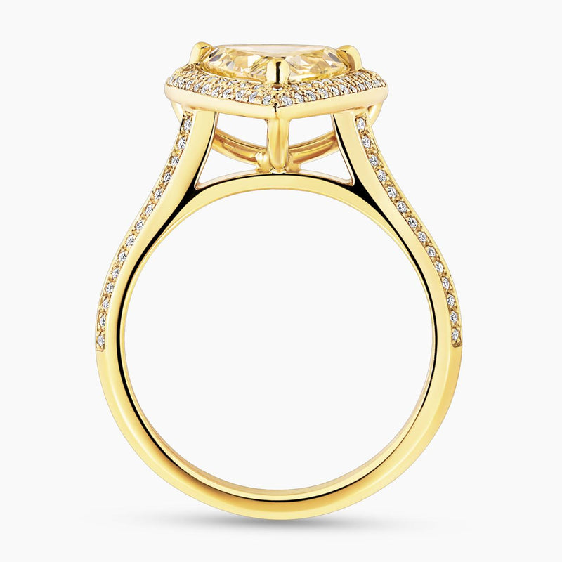 18ct yellow gold Fancy Yellow trilliant cut and round brilliant cut diamond halo ring